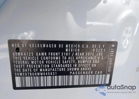 2021 Volkswagen Jetta 1.4T R-Line/1.4T S/1.4T Se z USA, uszkodzony, nr VIN 3VWC57BU6MM045631